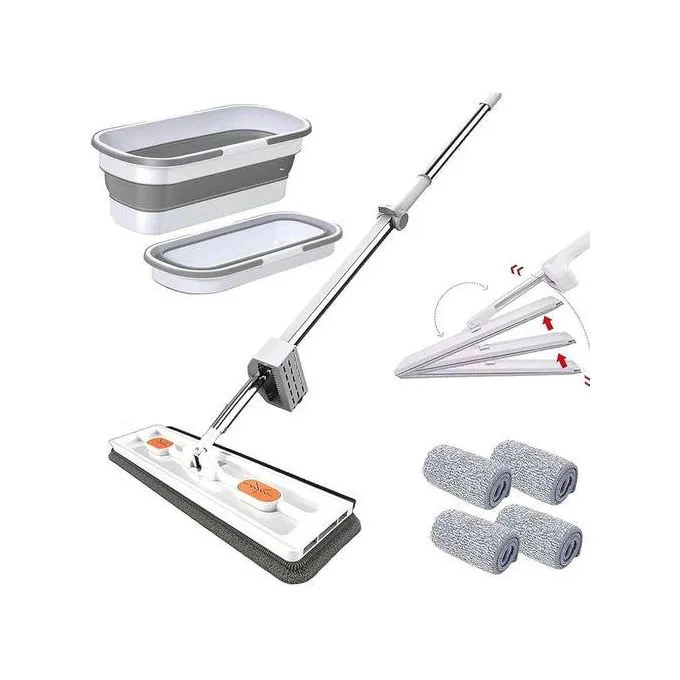 2-in-1 Self-Wringing Flat Mop with Foldable Bucket – Hands-Free Microfiber Floor Cleaner, 360° Swivel Head & Space-Saving Collapsible Pail for Home or Office