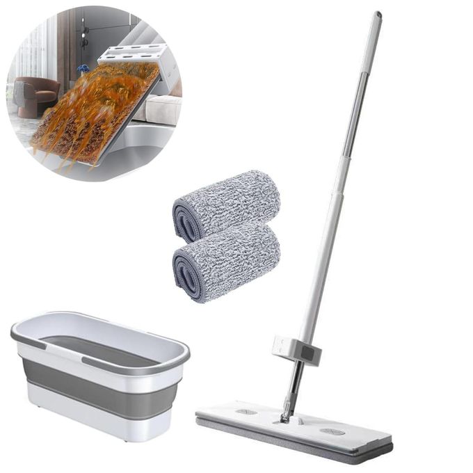 2-in-1 Self-Wringing Flat Mop with Foldable Bucket – Hands-Free Microfiber Floor Cleaner, 360° Swivel Head & Space-Saving Collapsible Pail for Home or Office