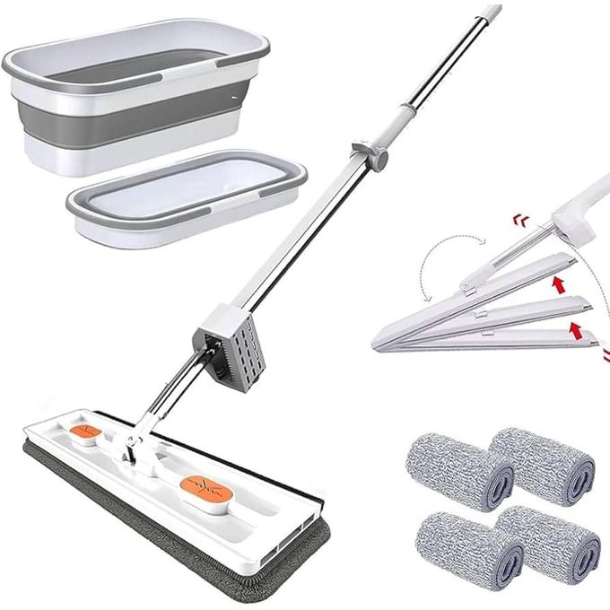 2-in-1 Self-Wringing Flat Mop with Foldable Bucket – Hands-Free Microfiber Floor Cleaner, 360° Swivel Head & Space-Saving Collapsible Pail for Home or Office