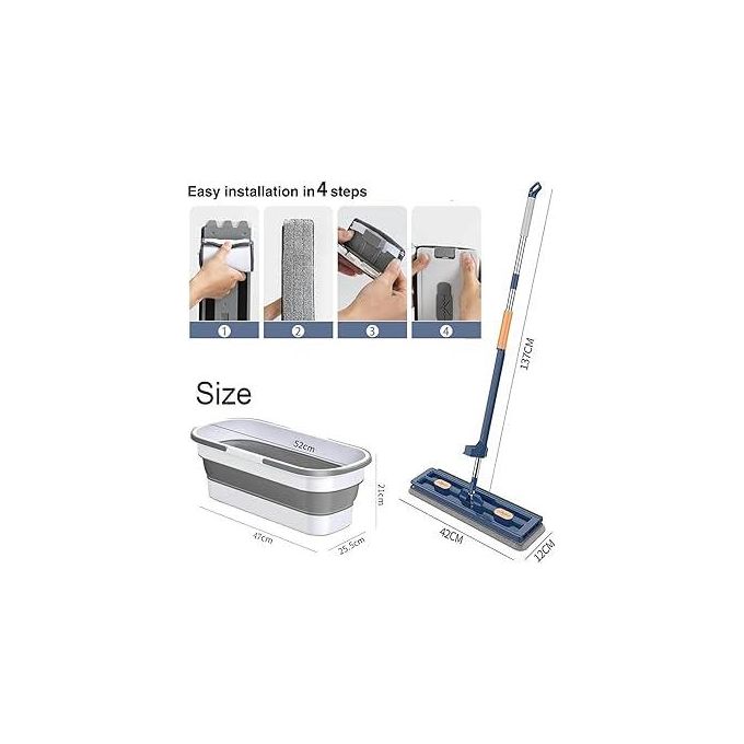 2-in-1 Self-Wringing Flat Mop with Foldable Bucket – Hands-Free Microfiber Floor Cleaner, 360° Swivel Head & Space-Saving Collapsible Pail for Home or Office
