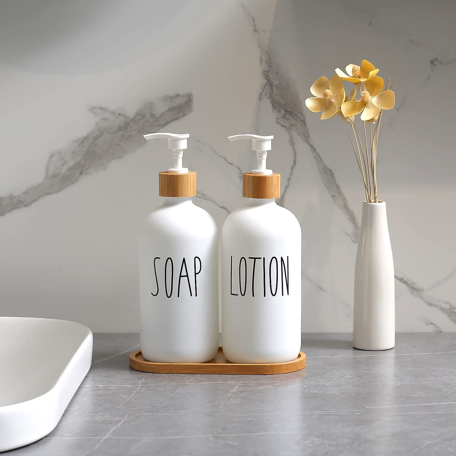 3-in-1 HANDS SOAP - LOTION Refillable ceramic bottleSoap Dispenser Bathroom Set, Contains Hand Soap and Lotion Dispenser
