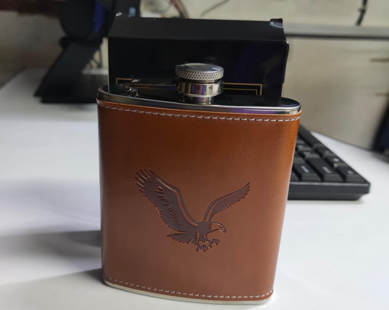 Stainless Steel and Stitched Leather Hip Flask 8 oz (200 Ml), Pocket Fit Design Wine Whiskey Alcohol Drinks Holder Portable Bottle with Funnel Bar Set for Men Women hip whiskey bottle