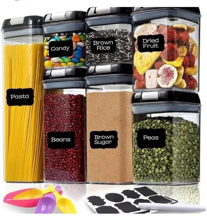 7 pcs airtight food storage containers. Made from BPA-free plastic, ensuring safe food storage and durability.Features silicone gaskets or secure locking mechanisms to maintain freshness.