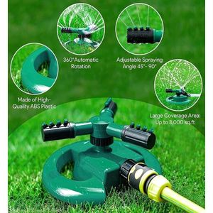 3 Arm 360⁰ Auto-Rotating Water Garden Sprinkler For Wide Coverage. Three arm sprinkler
2.Fit hose directly onto sprinkler
3. Plastic base with wheels
4. 360 full coverage, long range impulse sprinklin