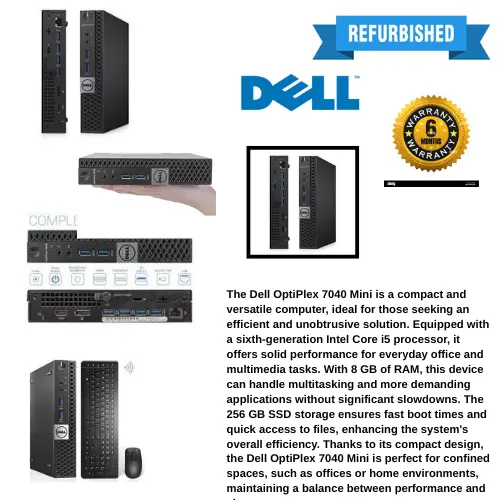 REFUBLISHED DELL 7040 COI5 MINI DESKTOP COI5 6TH GENERATION 8GBRAM 256GBSSD
 Features a compact design, ideal for users with limited desk space.