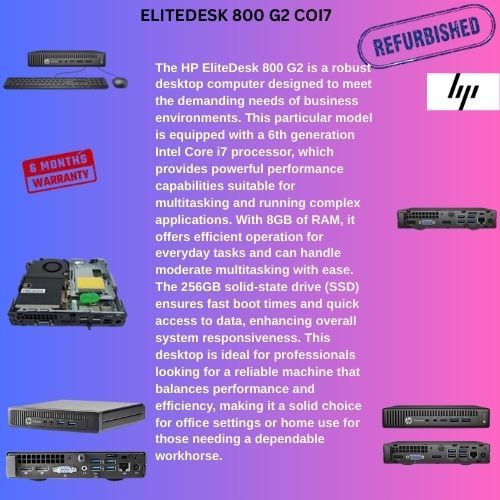 REFUBLISHED HP ELITEDESK 800 G2  DESKTOP COI7 6TH GENERATION 8 GB RAM 256 GB SSD. Solid choice for business or home office use, offering reliable performance in a compact form factor.