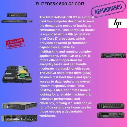 REFUBLISHED HP ELITEDESK 800 G2  DESKTOP COI7 6TH GENERATION 8 GB RAM 256 GB SSD. Solid choice for business or home office use, offering reliable performance in a compact form factor.