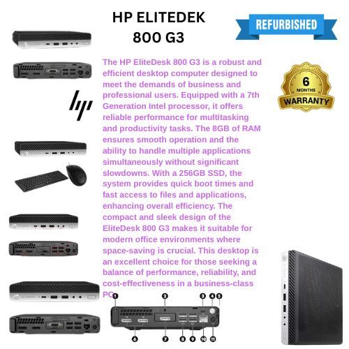 REFUBLISHED HP ELITEDESK 800 G3 DESKTOP  COI5 7TH GENERATION 8GBRAM 256GBSSD
Performance: Reliable and efficient for business, home office, and everyday computing needs