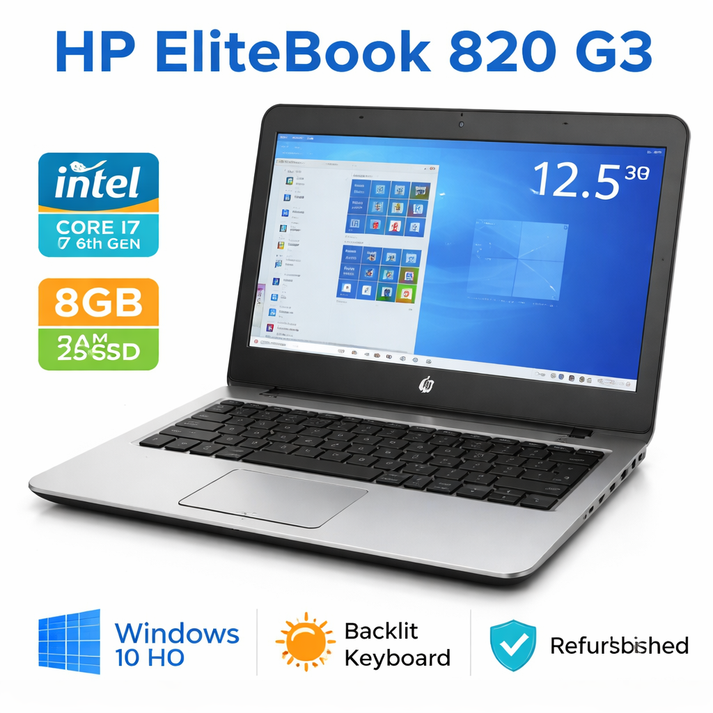 HP EliteBook 820 G3 Core i7 6th Gen | 8GB RAM | 256GB SSD | 12.5" HD/FHD | Business Laptop | Backlit Keyboard | Refurbished | Fast & Portable | Windows 10/11 Pro | Reliable Office & Student Laptop