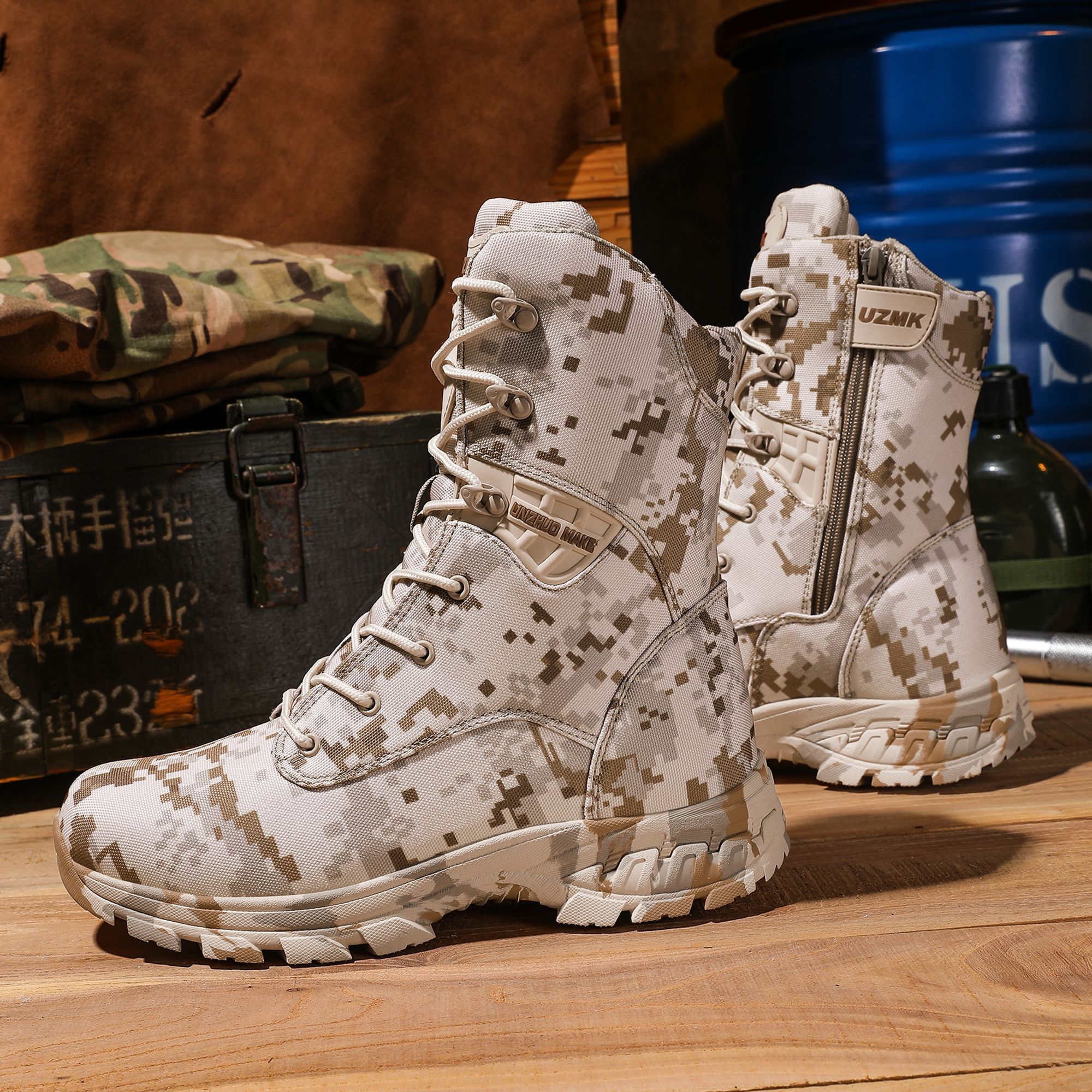 Men's High-Top Tactical Boots, Camouflage Pattern, Durable Fabric Upper, Rubber Sole, Zipper Closure, Plain Toe, for Hiking, Running & Workout - All Seasons, Outdoor Training Boots|Laceup