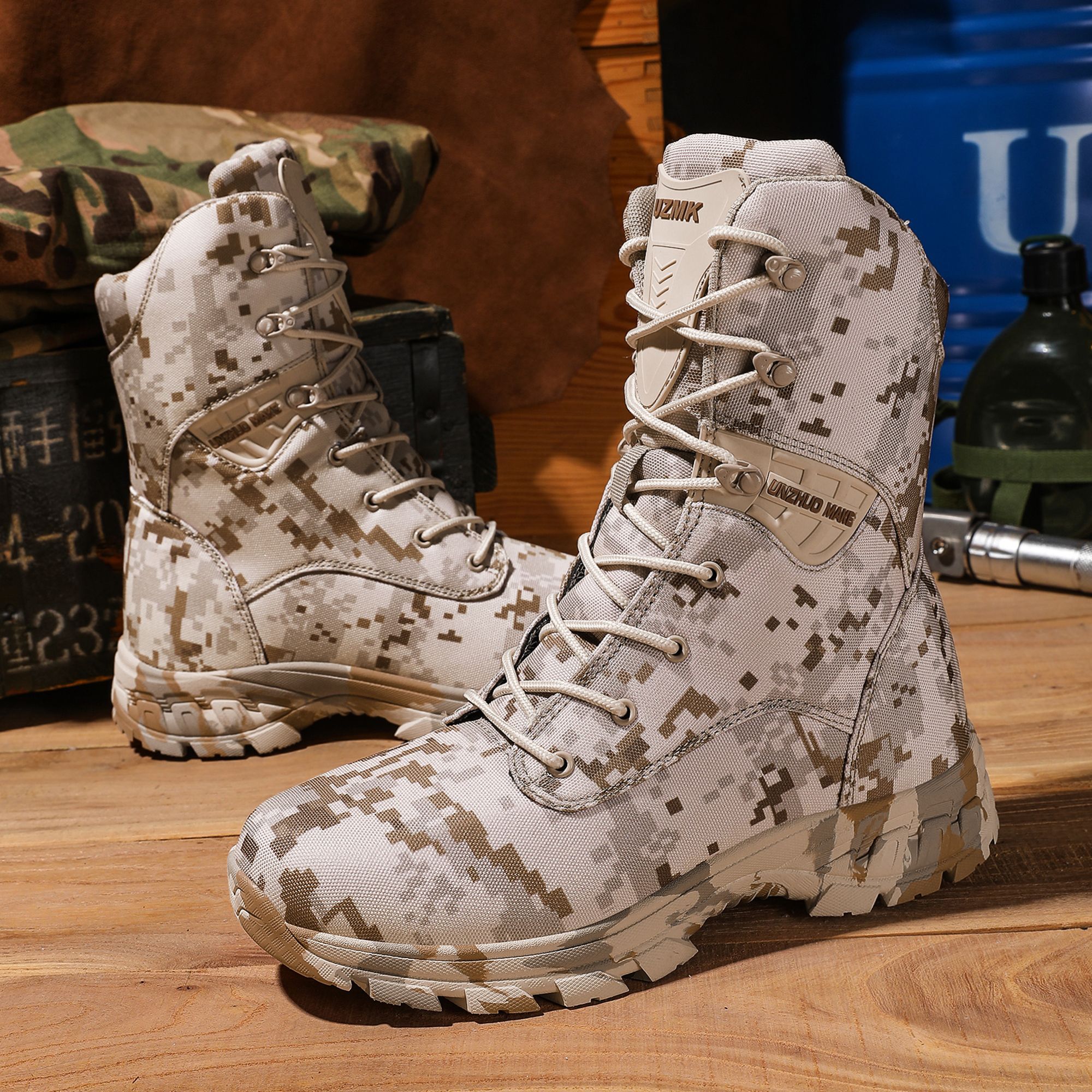 Men's High-Top Tactical Boots, Camouflage Pattern, Durable Fabric Upper, Rubber Sole, Zipper Closure, Plain Toe, for Hiking, Running & Workout - All Seasons, Outdoor Training Boots|Laceup