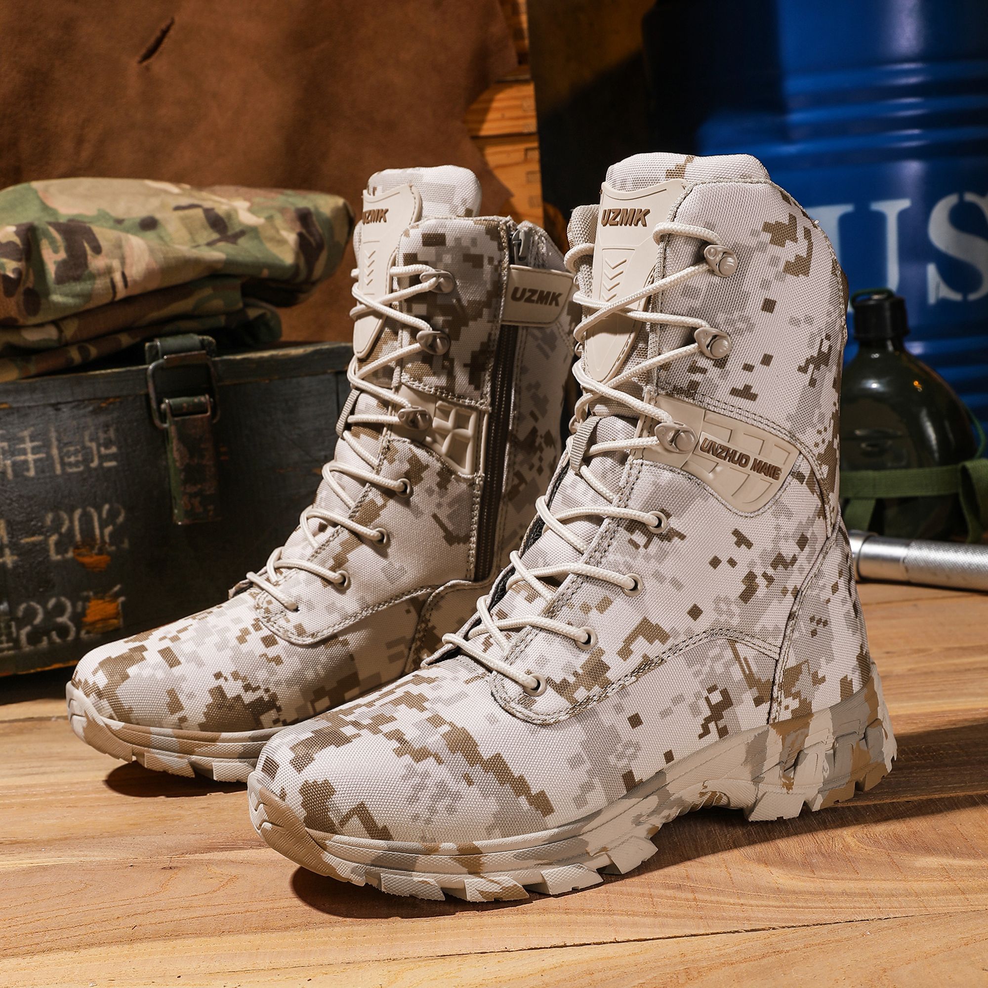 Men's High-Top Tactical Boots, Camouflage Pattern, Durable Fabric Upper, Rubber Sole, Zipper Closure, Plain Toe, for Hiking, Running & Workout - All Seasons, Outdoor Training Boots|Laceup