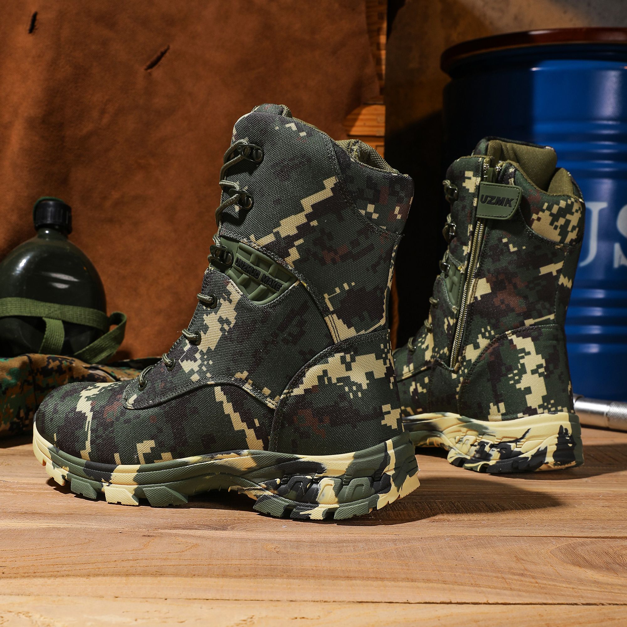 Men's High-Top Tactical Boots, Camouflage Pattern, Durable Fabric Upper, Rubber Sole, Zipper Closure, Plain Toe, for Hiking, Running & Workout - All Seasons, Outdoor Training Boots|Laceup
