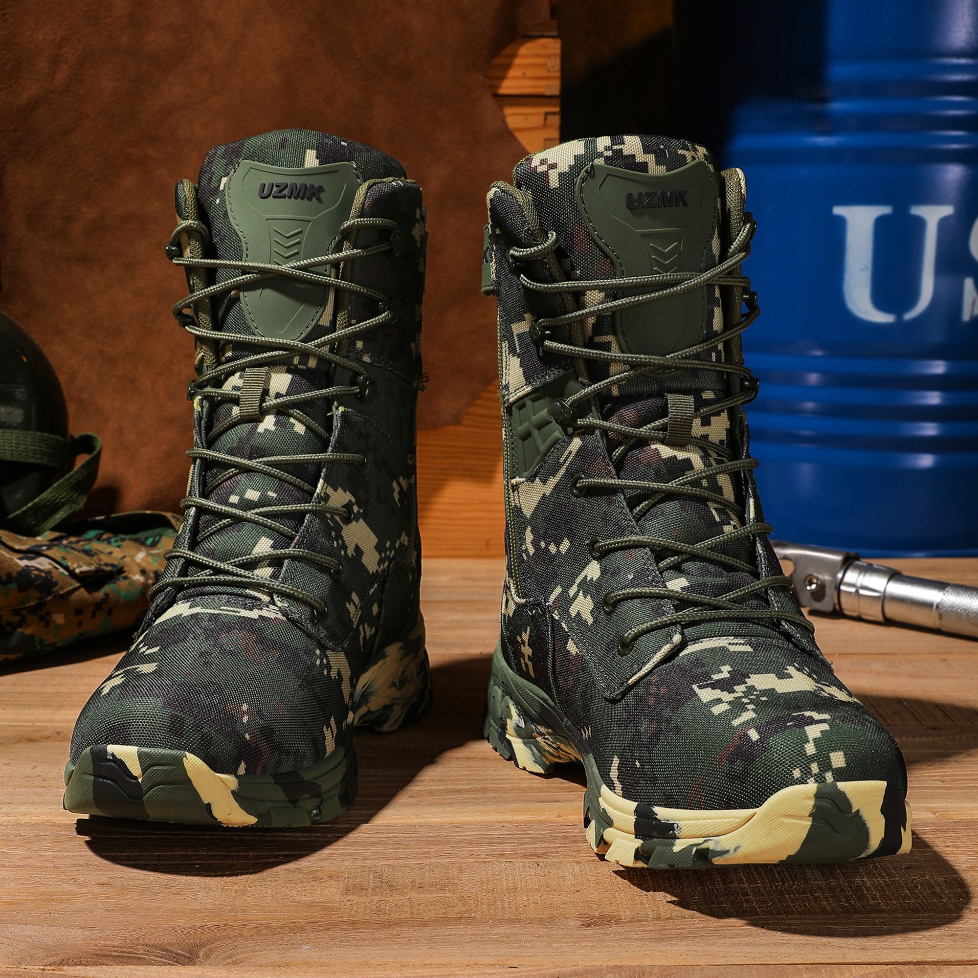 Men's High-Top Tactical Boots, Camouflage Pattern, Durable Fabric Upper, Rubber Sole, Zipper Closure, Plain Toe, for Hiking, Running & Workout - All Seasons, Outdoor Training Boots|Laceup