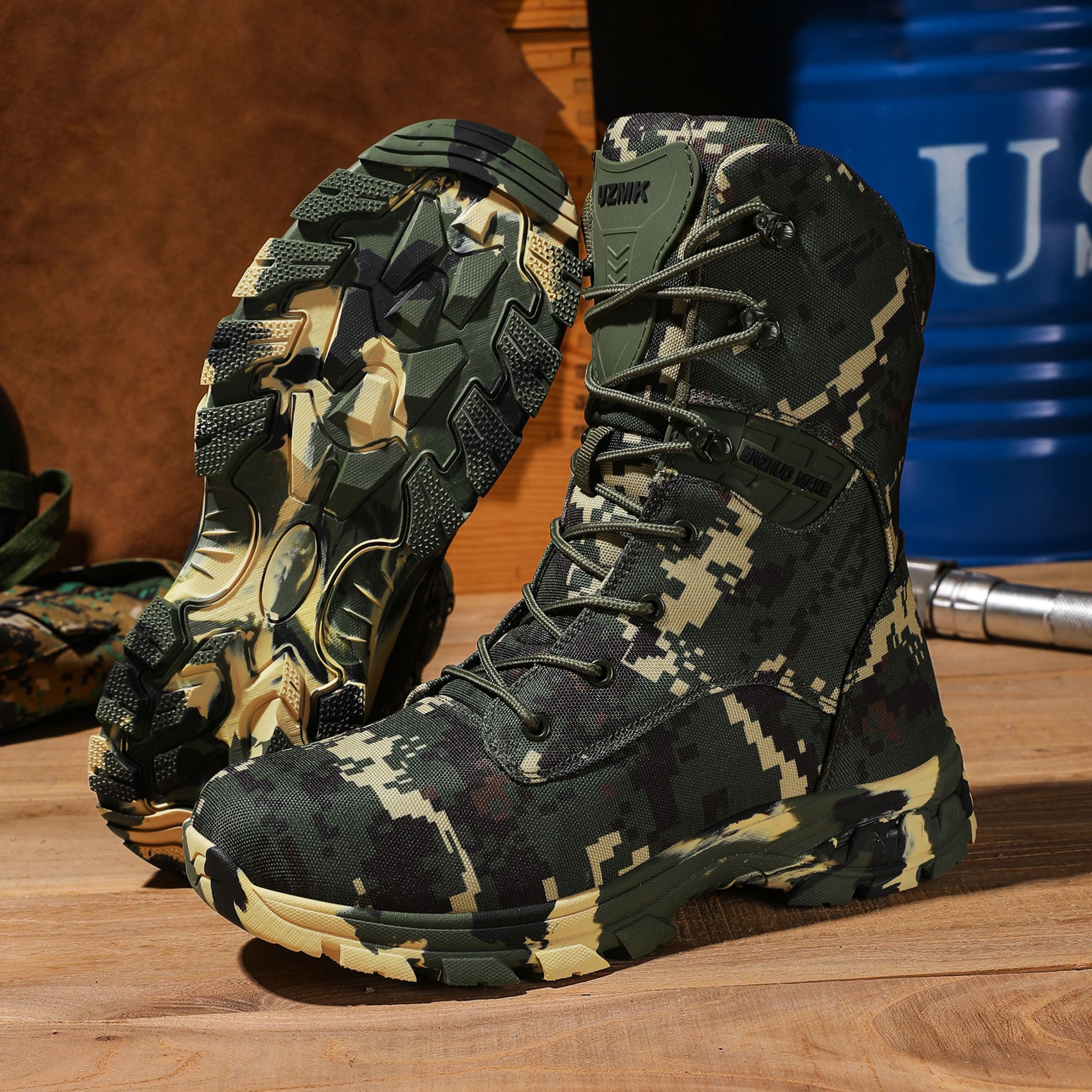 Men's High-Top Tactical Boots, Camouflage Pattern, Durable Fabric Upper, Rubber Sole, Zipper Closure, Plain Toe, for Hiking, Running & Workout - All Seasons, Outdoor Training Boots|Laceup