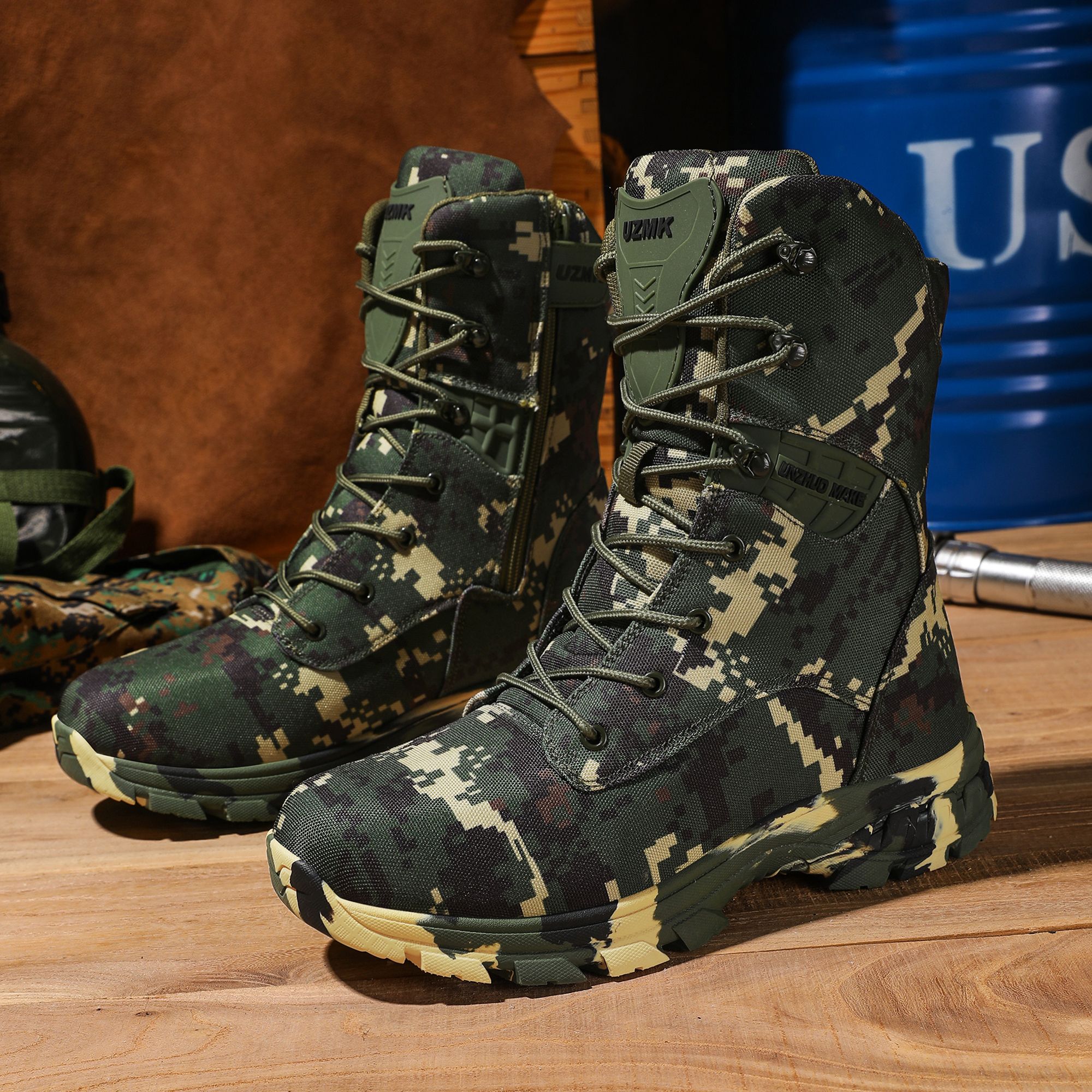 Men's High-Top Tactical Boots, Camouflage Pattern, Durable Fabric Upper, Rubber Sole, Zipper Closure, Plain Toe, for Hiking, Running & Workout - All Seasons, Outdoor Training Boots|Laceup