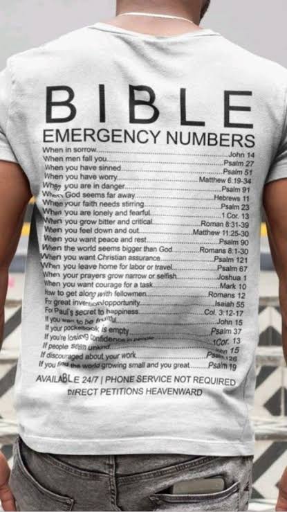 Christian “Bible Emergency Numbers” Cotton Round Neck T-Shirt – Inspirational Faith Tee