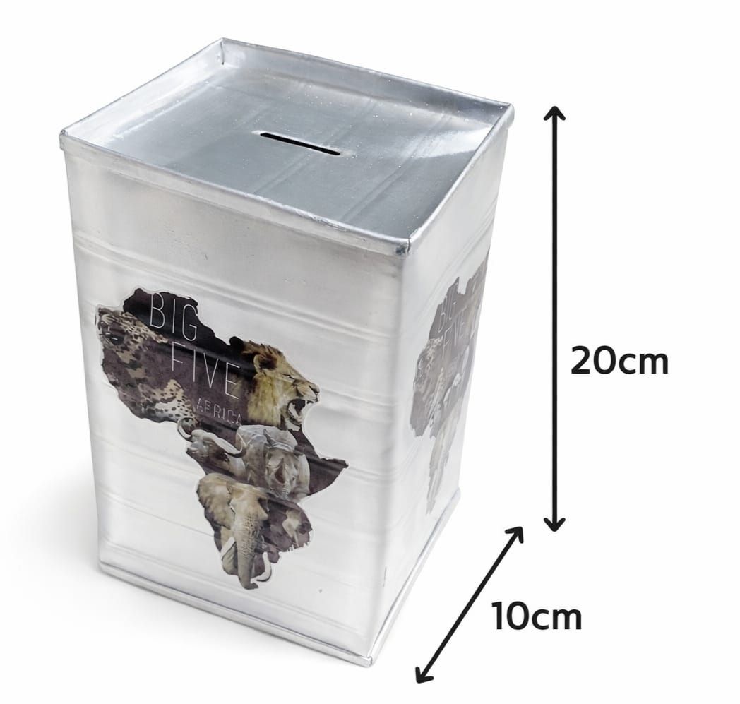 Big Five Africa Metal Piggy Bank – Handmade 20cm Coin Saving Box | Safari Wildlife Money Box for Kids & Adults