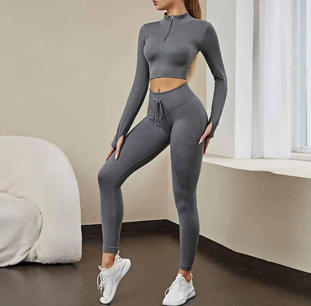2Pcs Set Yoga Set Women Sport Suit Gymwear Workout Clothes Long Sleeve Gym Crop Top High Waist Leggings Fitness Sports Wear