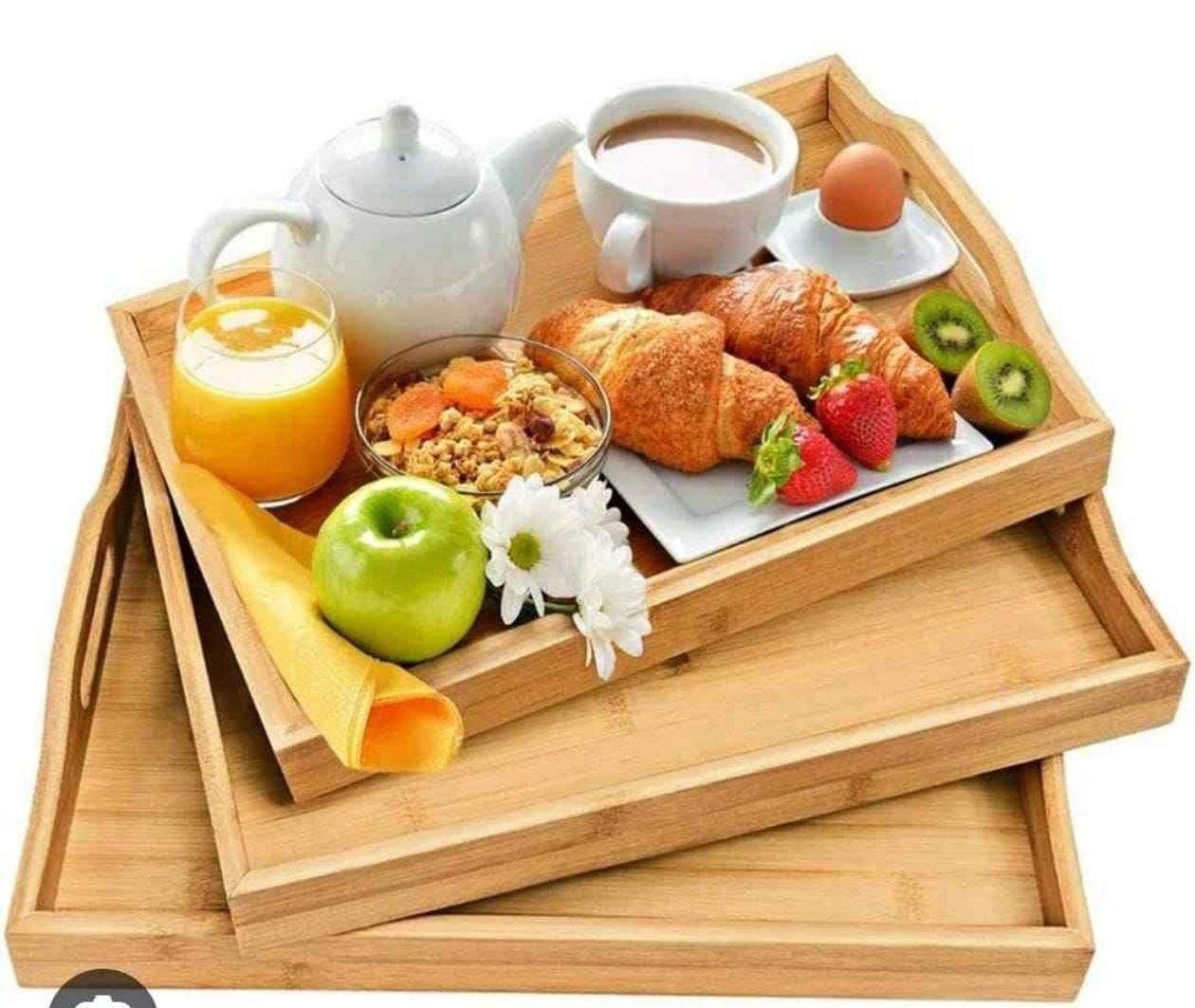 🤩3pc wooden trays,Set of 3 Natural Bamboo Serving Trays with Handles - Nesting Wooden Food & Drink Platters for Breakfast, Coffee & Decor,Bamboo Food Platters,Decorative Trays with Handles.📍