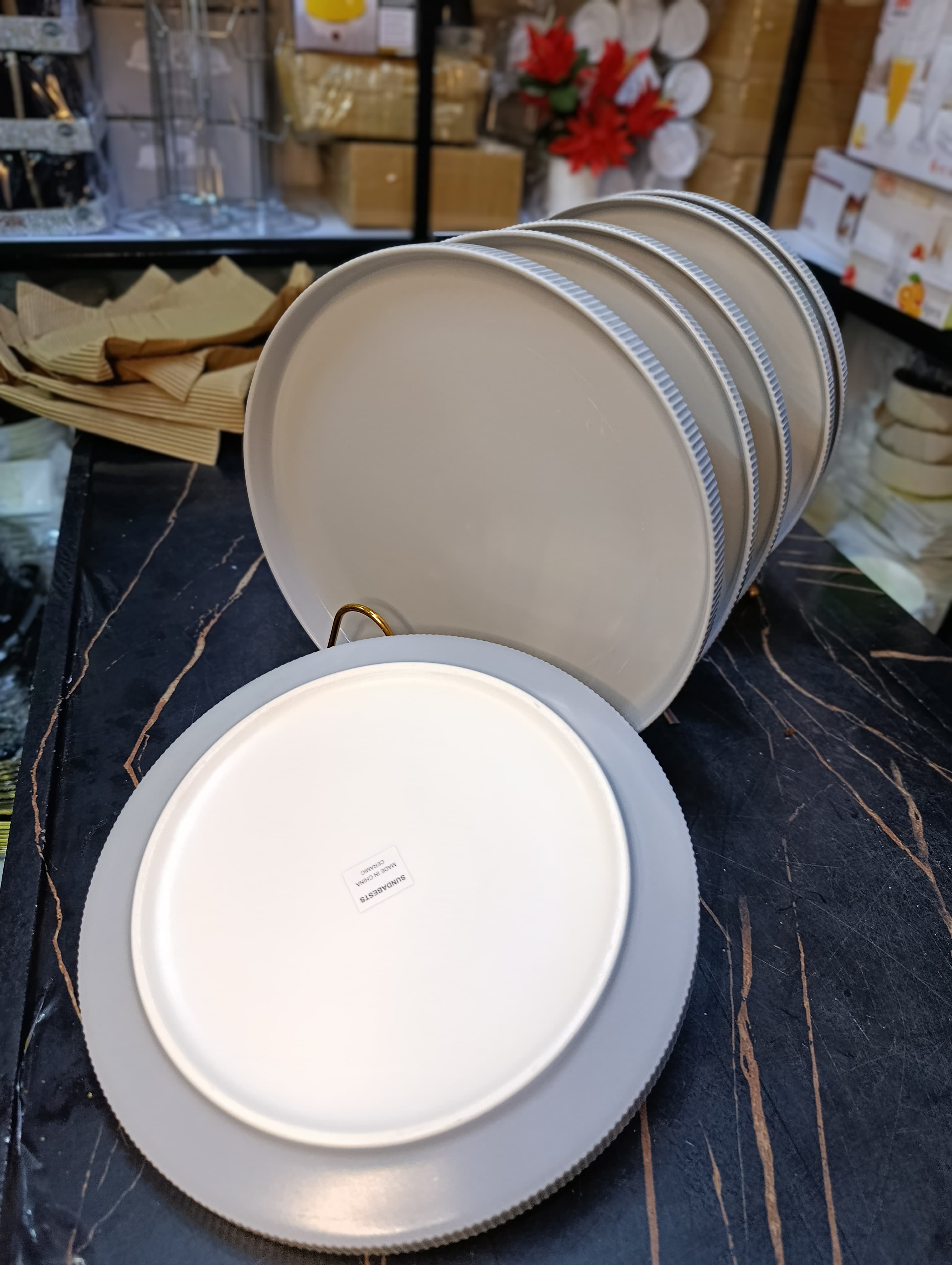 Set of 6 wide 10.5-inch grey dinner plates made from high-quality, durable ceramic material, featuring a beautiful custom design with a smooth glazed finish, perfect for dining and special occasions