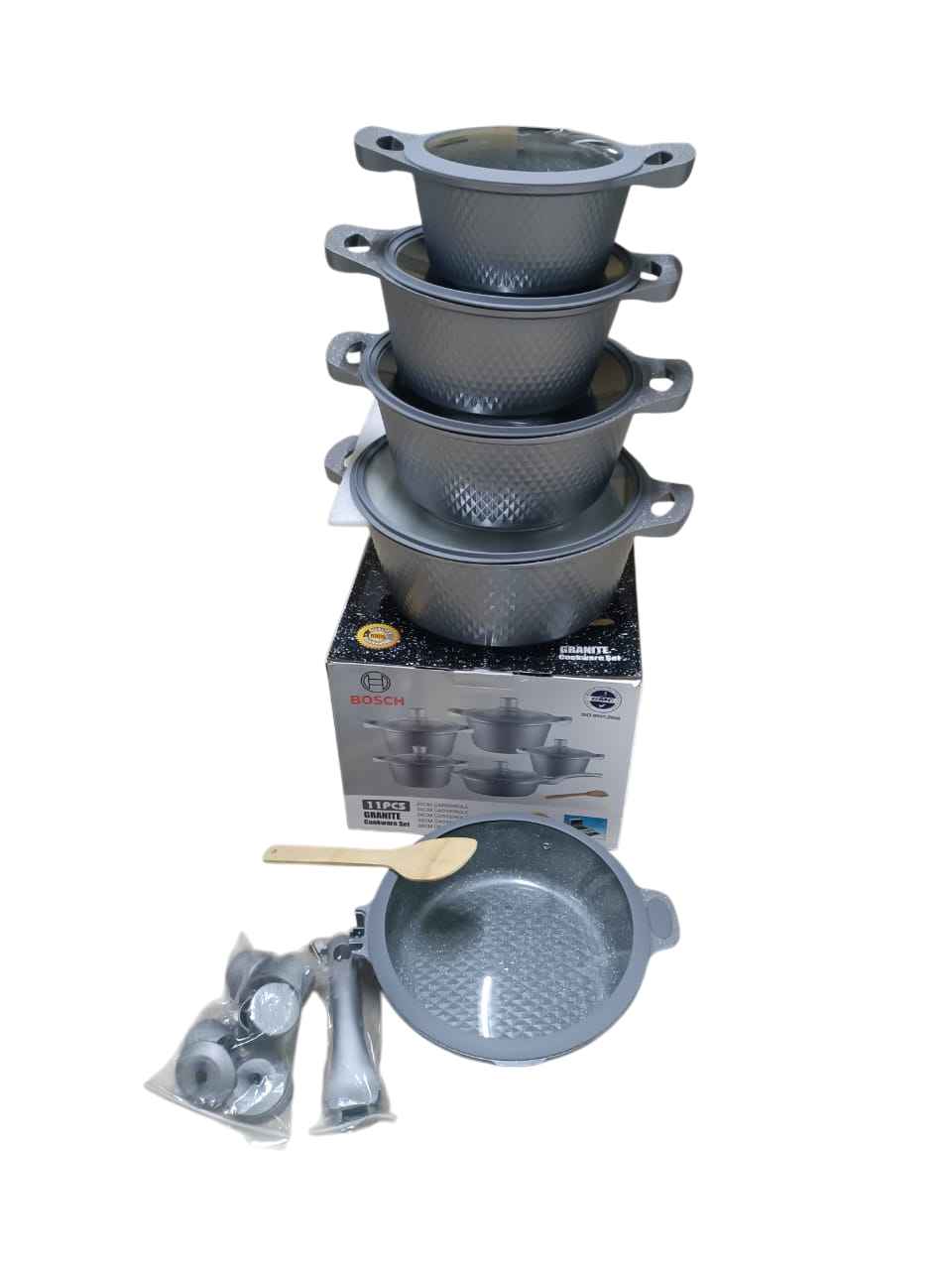 Bosch 11 PCS Granite Cookware Set/ sufurias with Silicone Lid Non Stick Cooking Pots,Serveware Set (Serving Dish) 5 Pots and 5 Lids and One Mwiko