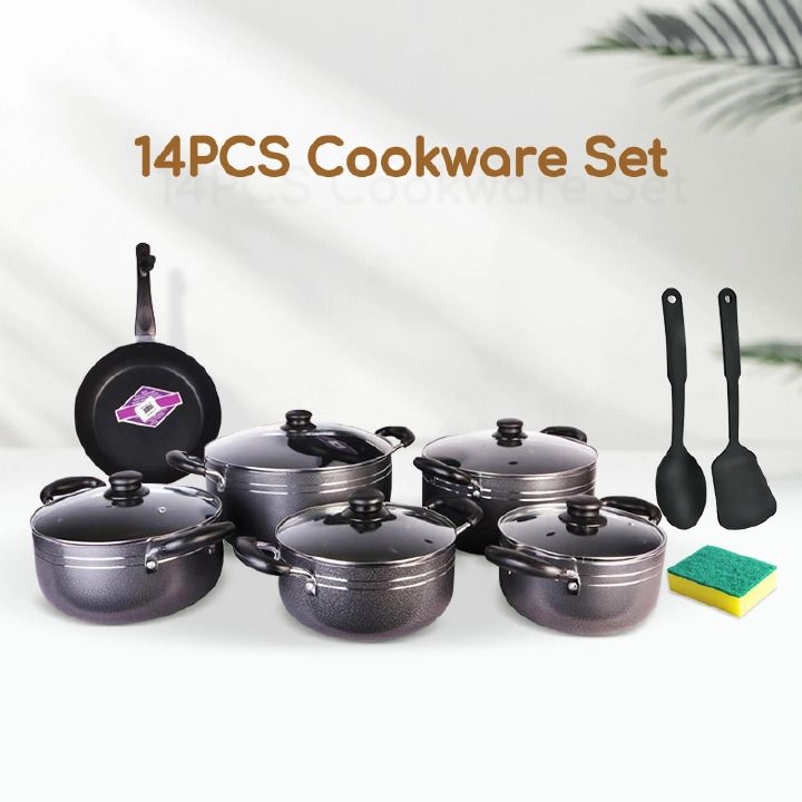 TC 14PCS Nonstick Cookware Set Cooking Pots Sufuria (20/22/24/28/30cm Pots +26cm frying pan),2 non-tick spoons,1 Pc scotch Brite