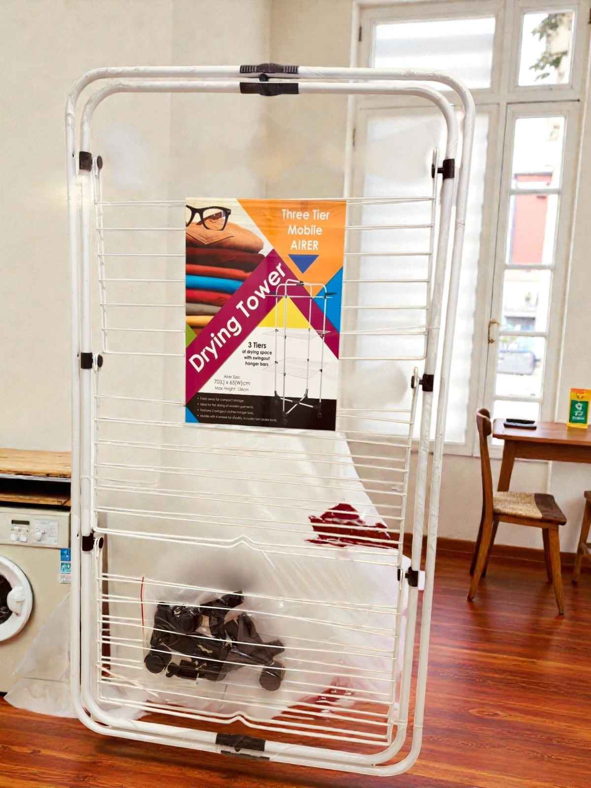 Foldable 3-Tier Metal Clothes Drying Rack – Flexible and Movable Laundry Drying Stand with Side Wings for Balcony & Indoor Use