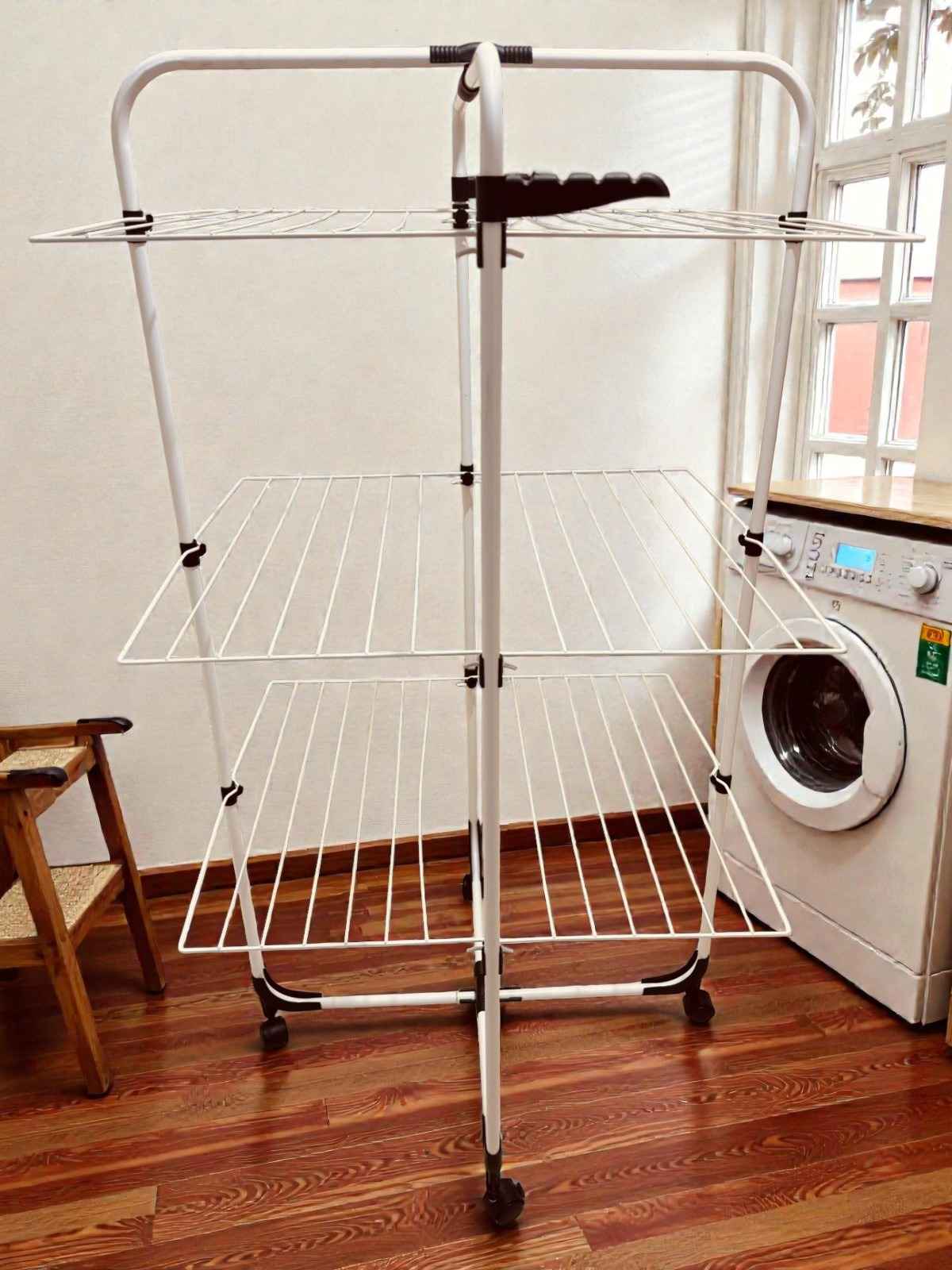 Foldable 3-Tier Metal Clothes Drying Rack – Flexible and Movable Laundry Drying Stand with Side Wings for Balcony & Indoor Use