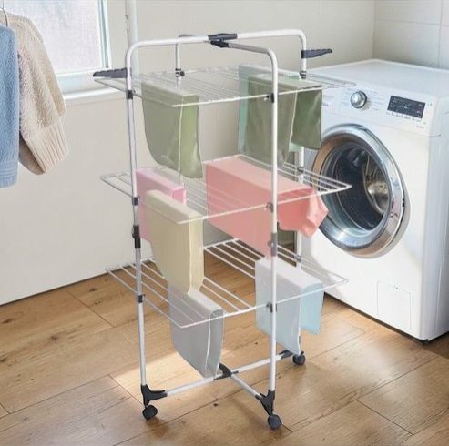 Foldable 3-Tier Metal Clothes Drying Rack – Flexible and Movable Laundry Drying Stand with Side Wings for Balcony & Indoor Use