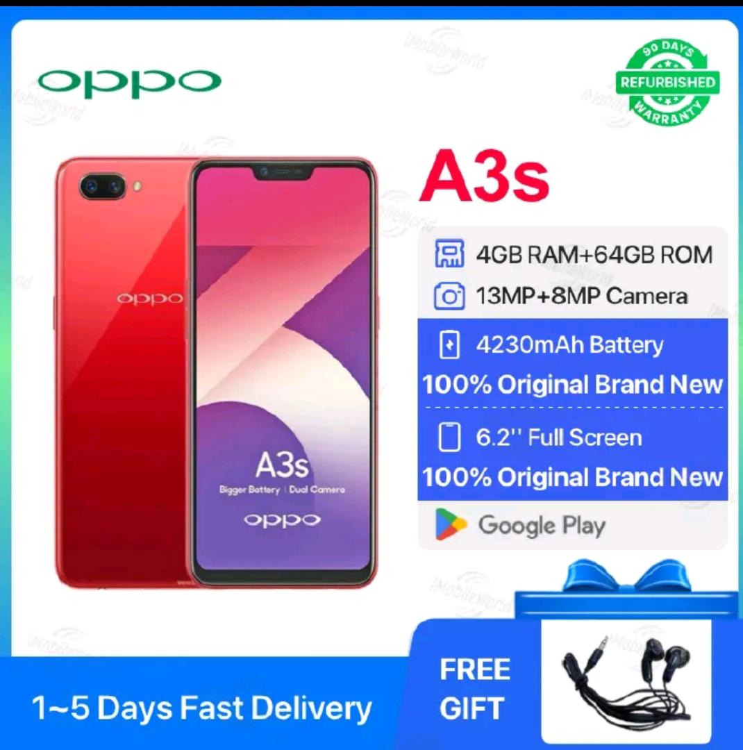 Refurbished oppo A5 /A3s Ram 4GB+Rom 64GB, Smartphone Android LTE Phone, 6.2 Inch Screen, Front 8mp, Rear 13mp + 2MP Camera, Face Unlock, 4230mah Battery, Octa Core Dual SIM Smartphone