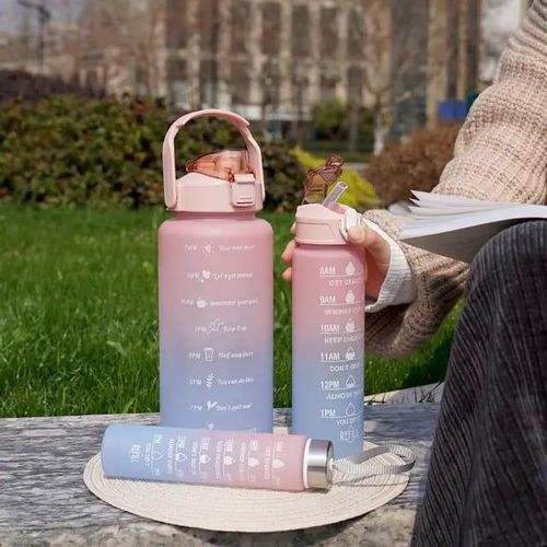 3 IN 1 Pack of 3 Water Bottles, 2 Litres,750ML,300ML Sports Water Bottles, Leakproof & BPA Free, Motivational Water Bottles with Time Marker for Outdoor Sports, Fitness, Office