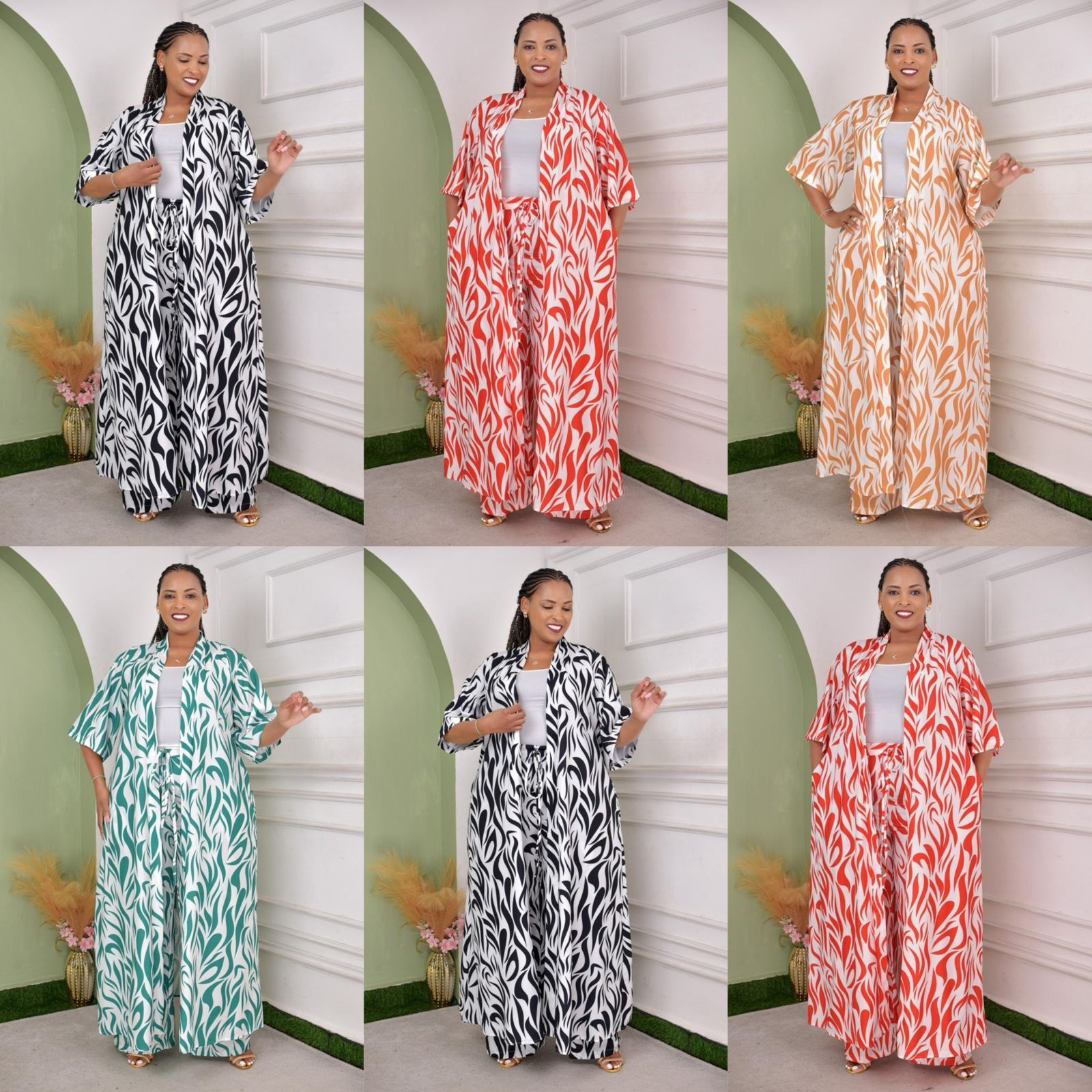 LADIES BEAUTIFUL 3PC SET TOP, KIMONO  AND TROUSER BEST FOR WEEKEND, VACATION BEACH WEAR AND OTHER FUNCTIONS (MATERIAL LIKE SHIFFON)