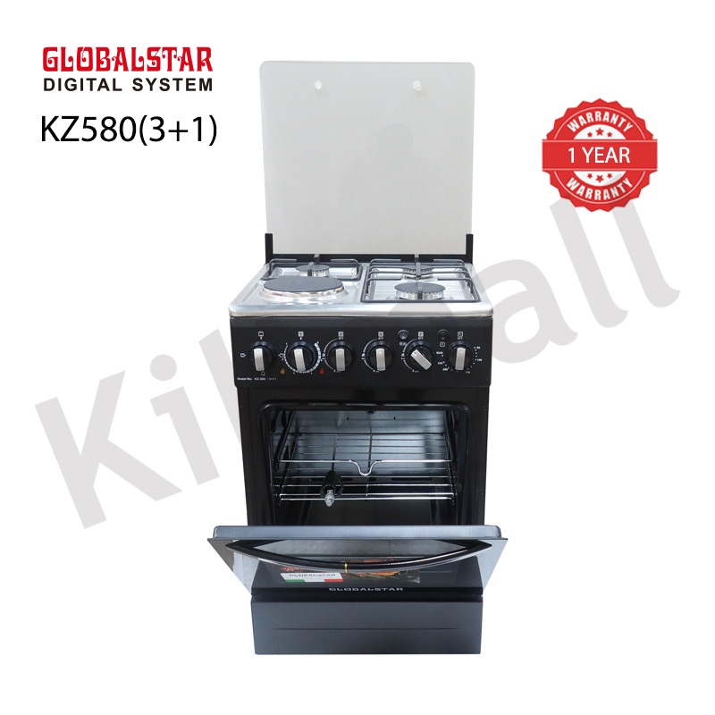 Globalstar KZ580 Electric 3+1 Gas Free Standing Cooker 3 gas burners and 1 electric plate Stainless Steel cooktop Double glass oven door with handle Gas oven