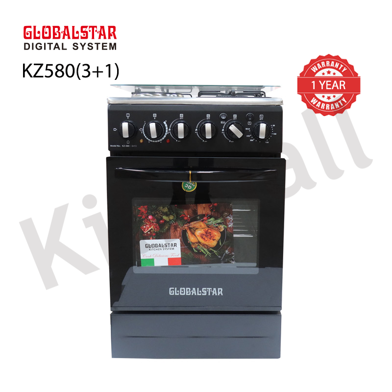 Globalstar KZ580 Electric 3+1 Gas Free Standing Cooker 3 gas burners and 1 electric plate Stainless Steel cooktop Double glass oven door with handle Gas oven
