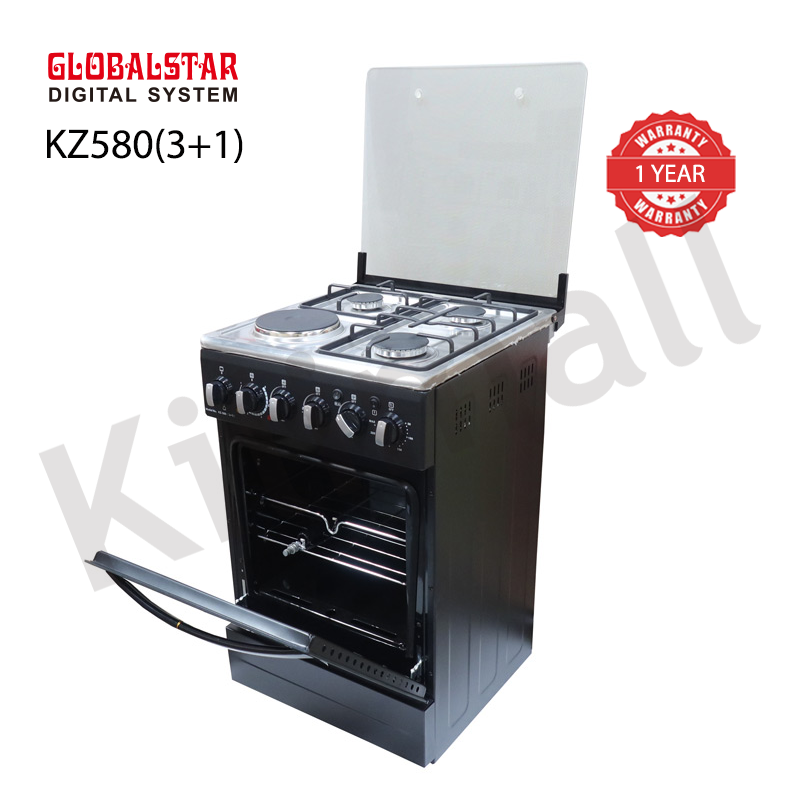 Globalstar KZ580 Electric 3+1 Gas Free Standing Cooker 3 gas burners and 1 electric plate Stainless Steel cooktop Double glass oven door with handle Gas oven