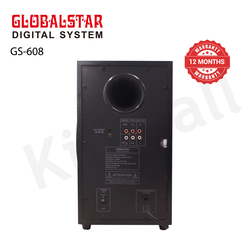 GLOBALSTAR GS-608 3.1CH Speaker, 8000W PMPO, 32W+10W*3 Output, British Plug, AC/DC, 110V - 240V, Bluetooth & FM Radio, 1-Year Warranty, Wooden Cabinet, Remote Control, Compatible Devices