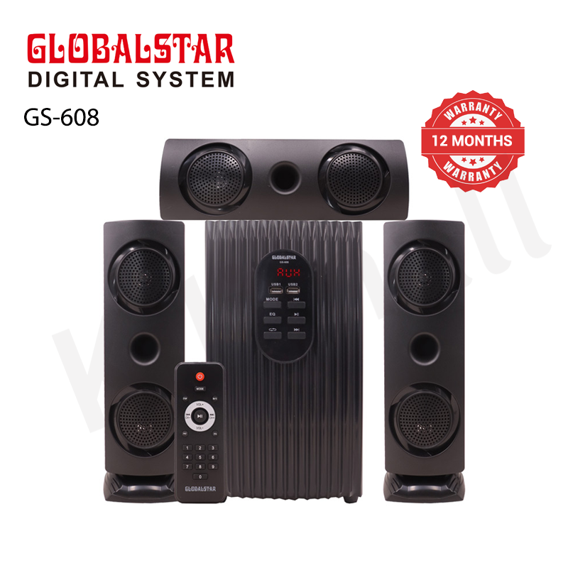 GLOBALSTAR GS-608 3.1CH Speaker, 8000W PMPO, 32W+10W*3 Output, British Plug, AC/DC, 110V - 240V, Bluetooth & FM Radio, 1-Year Warranty, Wooden Cabinet, Remote Control, Compatible Devices