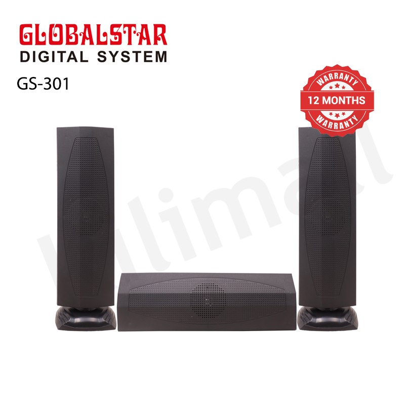 GLOBALSTAR GS-301 3.1CH Speaker, 8000W PMPO, 32W+10W*3 Output, British Plug, AC/DC, 110V - 240V, Bluetooth & FM Radio, 1-Year Warranty, Wooden Cabinet, Remote Control, Compatible Devices