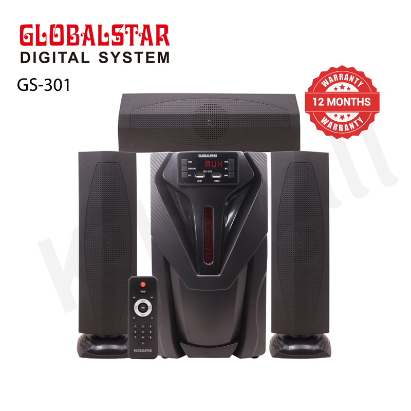GLOBALSTAR GS-301 3.1CH Speaker, 8000W PMPO, 32W+10W*3 Output, British Plug, AC/DC, 110V - 240V, Bluetooth & FM Radio, 1-Year Warranty, Wooden Cabinet, Remote Control, Compatible Devices