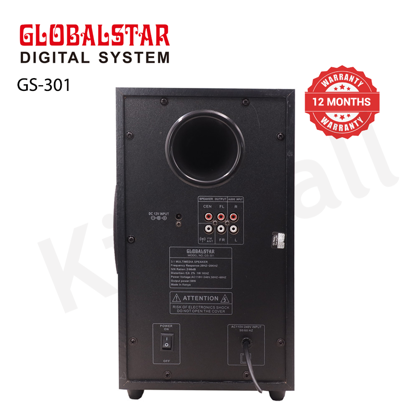GLOBALSTAR GS-301 3.1CH Speaker, 8000W PMPO, 32W+10W*3 Output, British Plug, AC/DC, 110V - 240V, Bluetooth & FM Radio, 1-Year Warranty, Wooden Cabinet, Remote Control, Compatible Devices