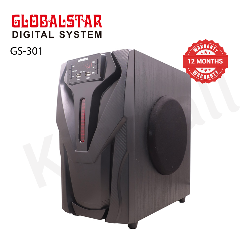 GLOBALSTAR GS-301 3.1CH Speaker, 8000W PMPO, 32W+10W*3 Output, British Plug, AC/DC, 110V - 240V, Bluetooth & FM Radio, 1-Year Warranty, Wooden Cabinet, Remote Control, Compatible Devices