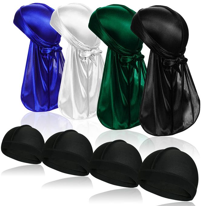 4 Pcs Silky Men Durag Headwraps With Long Tail And 4 Pcs Silk Wave Cap Perfect For 360 Waves