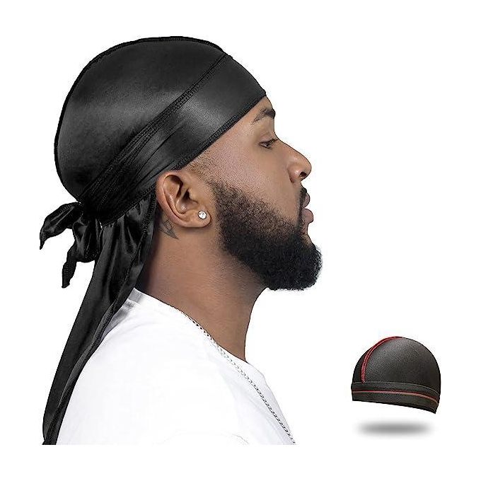 SHORT STRAPS AND TAIL BLACK  SILK DURAGS