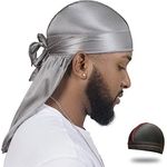 2 Pcs Set of Stretchy Black + Grey Silk Durag/wave Drag - QUALITY GUARANTEED