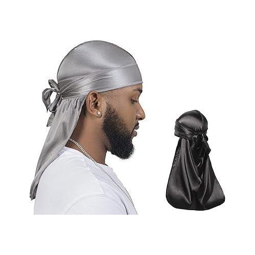 2 Pcs Set of Stretchy Black + Grey Silk Durag/wave Drag - QUALITY GUARANTEED
