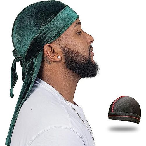 Velvet Green Durag for Men + Free Wave Cap | Premium 360 Wave Builder Kit | Moisture-Retaining Compression Cap Set for Deep Waves, Hair Protection & Style Control