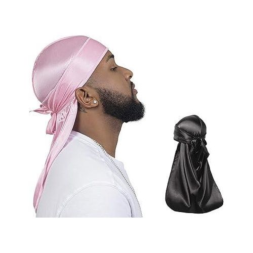 2-Piece Premium Silk Durag Set – Stretchy Black & Pink Wave Cap Duo for Men & Women | Comfortable, Breathable & Stylish for 360 Waves, Hair Protection & Daily Wear