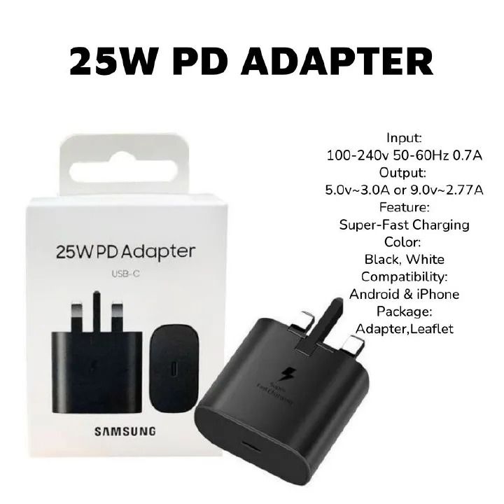 Original Samsung 25W PD SuperFast USB C - TYPE C Charger Head for Galaxy A17,A16,A07,A06,A26,A15,A25,A05,A05S,A06,S23FE With Type C Output [Head Only]
