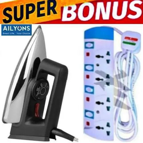 AILYONS Electric Dry Iron Box - Non-Stick Aluminum Sole Plate, Temperature Control + 4 WAY POWER EXTENSION CABLE SOCKET WITH SAFETY SWITCHES